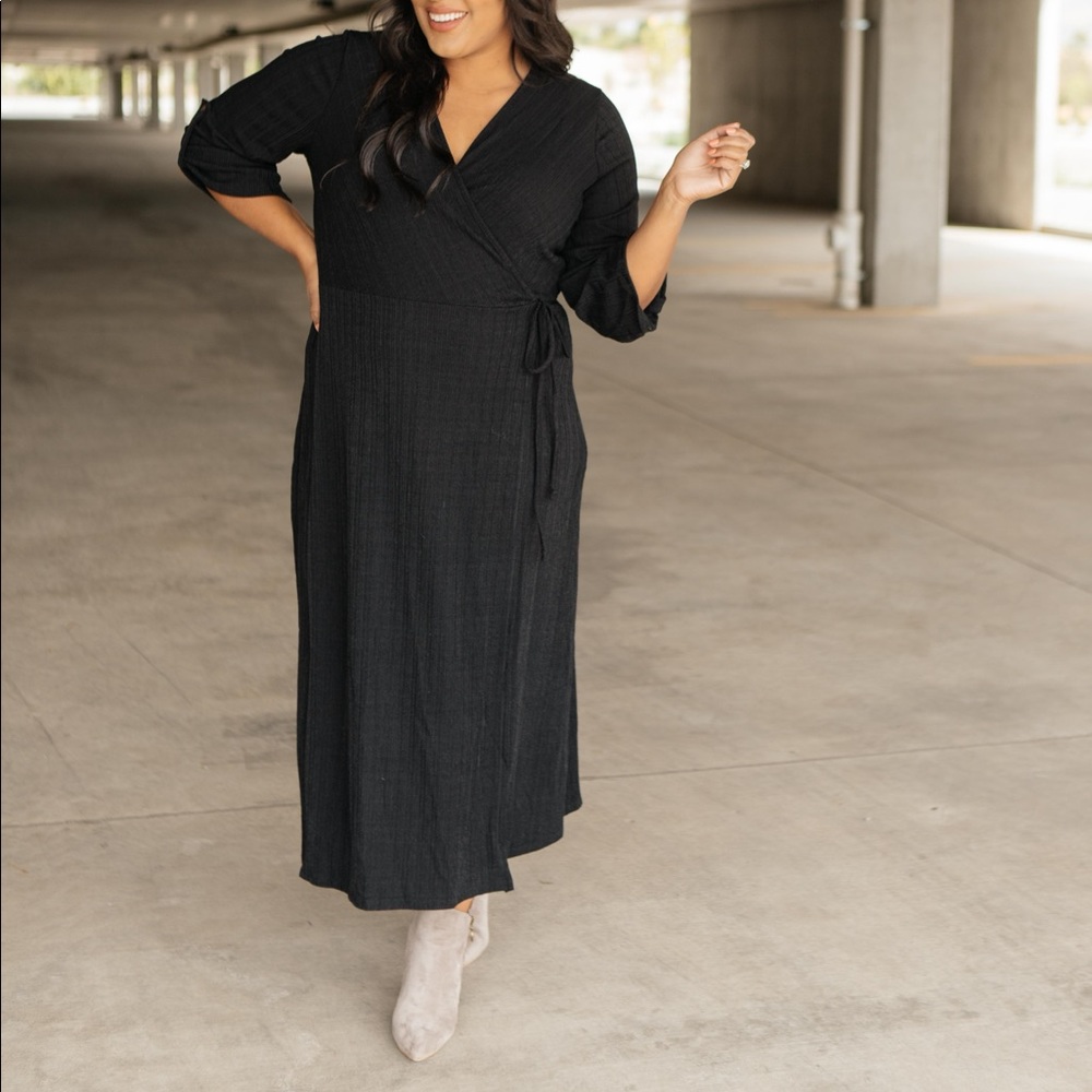 Black Ribbed Knit Midi Wrap Dress - Picture 7 of 16